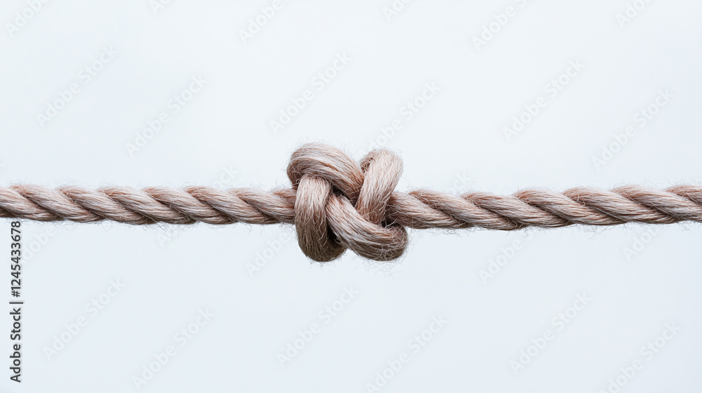 Knot of Connection: A close-up view of a tightly woven knot in a thick rope, symbolizing strength, security, and the interconnectedness of life. The knot is presented against a simple background. Knot of Connection: A close-up view of a tightly woven knot in a thick rope, symbolizing strength, security, and the interconnectedness of life. The knot is presented against a simple background.