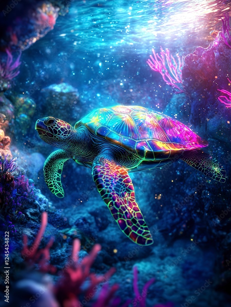 Obraz premium Vibrant Sea Turtle in Bioluminescent Ocean - Underwater Fantasy Art