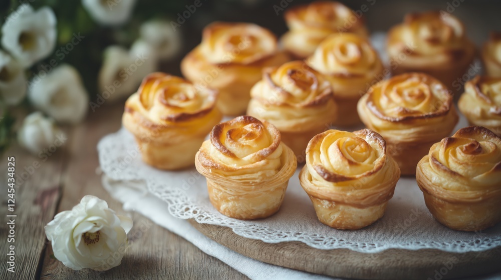 Close up of Small apple roses made with puff pastry arranged on a clothe placed on a wooden table Close up of Small apple roses made with puff pastry arranged on a clothe placed on a wooden table