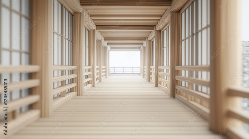 Zen-Like Tranquility: A serene and minimalist wooden hallway with traditional Japanese design elements. The soft light streaming through the frosted glass panels creates a peaceful atmosphere. Zen-Like Tranquility: A serene and minimalist wooden hallway with traditional Japanese design elements. The soft light streaming through the frosted glass panels creates a peaceful atmosphere.
