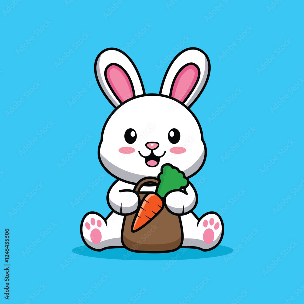 Obraz premium Cute Rabbit Holding Carrot Bag - Flat Vector Illustration 