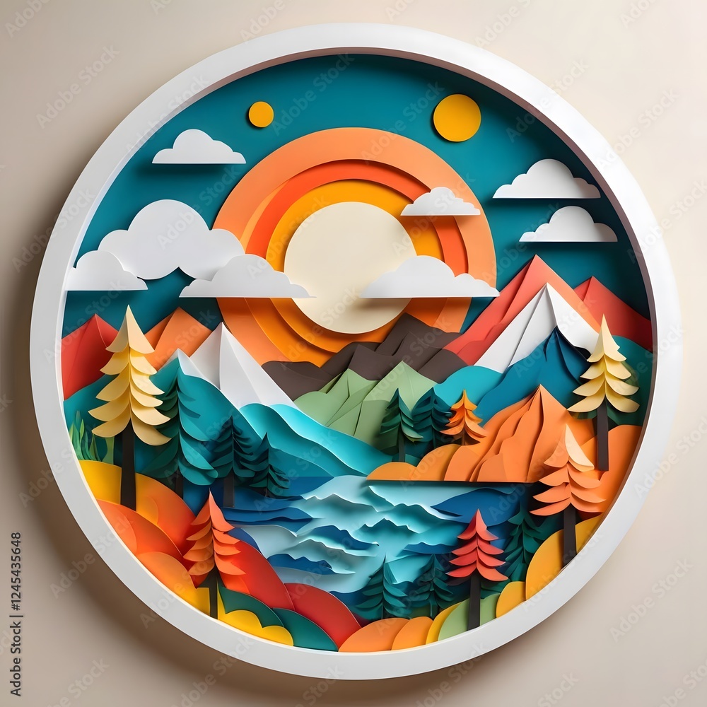 Obraz premium Colorful Paper Cut Mountain Landscape with Lake