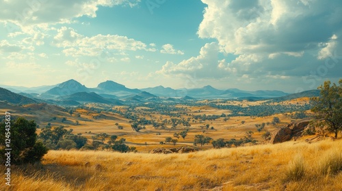 Golden valley vista with distant mountains under cloudy sky photo