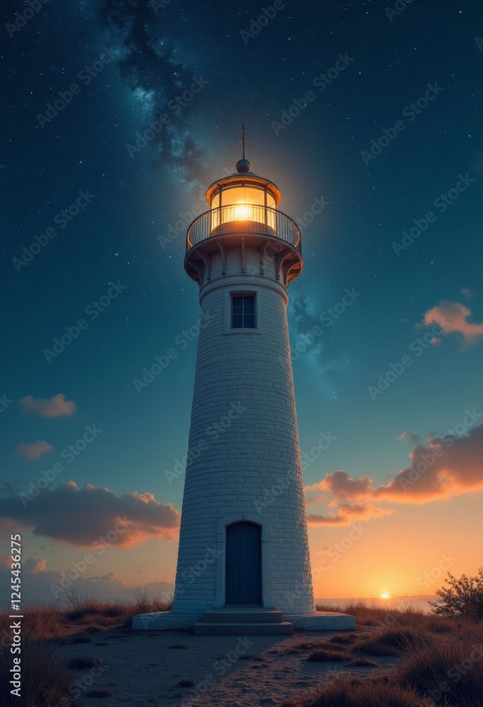 Illuminated Lighthouse with Milky Way and Sunset Clouds Illuminated Lighthouse with Milky Way and Sunset Clouds