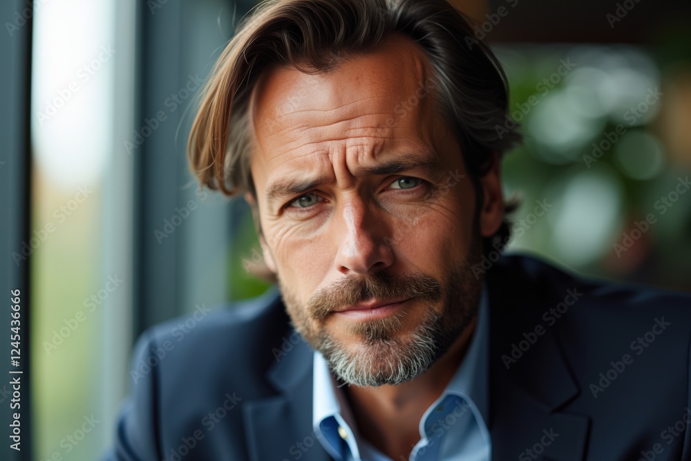 A Thoughtful Man with a Beard in Business Attire, Gazing Intently Through a Window, Exuding Confidence and Sophistication A Thoughtful Man with a Beard in Business Attire, Gazing Intently Through a Window, Exuding Confidence and Sophistication
