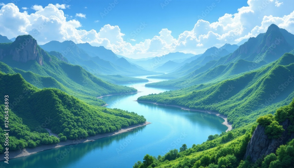 Lush Green Mountains Surrounding a Winding River Under Cloudy Blue Skies Lush Green Mountains Surrounding a Winding River Under Cloudy Blue Skies