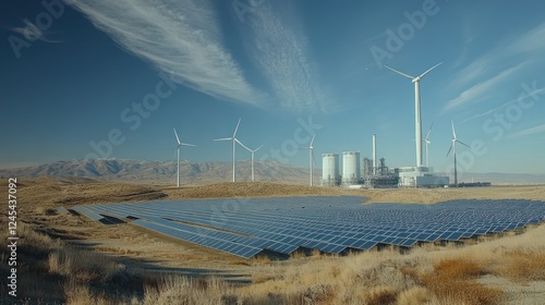 Solar panels, wind turbines, and power plant in desert landscape.