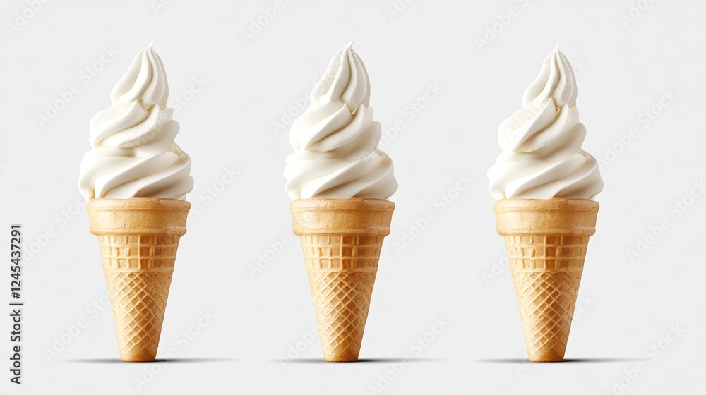 three of ice cream cones in a row, choice summer snacks isolated on transparent background, png file. di cut. three of ice cream cones in a row, choice summer snacks isolated on transparent background, png file. di cut.