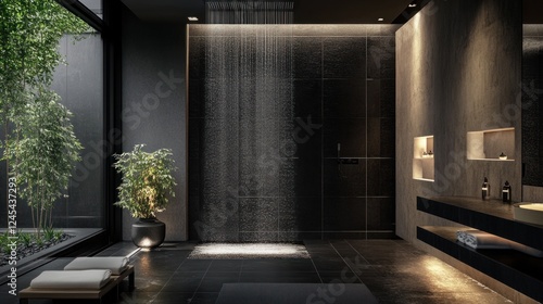 Luxurious Modern Bathroom with Waterfall Shower and Zen Garden View