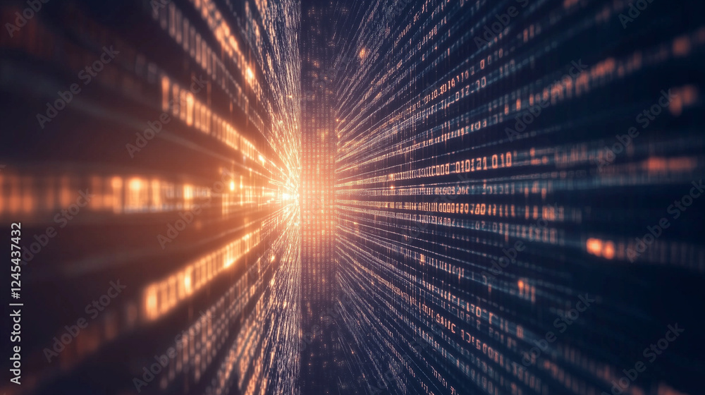 Obraz premium Digital Data Stream: A mesmerizing abstract visualization of a digital data stream, radiating with vibrant energy and a futuristic feel. The perspective creates a sense of depth and movement.