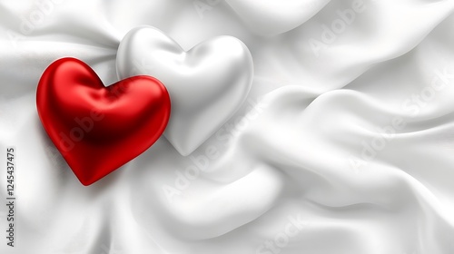 Two hearts rest on white silken fabric