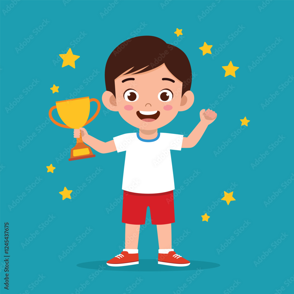 Cute Little Kid Boy Holding Trophy and Feel Happy - Cartoon Vector Illustration Cute Little Kid Boy Holding Trophy and Feel Happy - Cartoon Vector Illustration