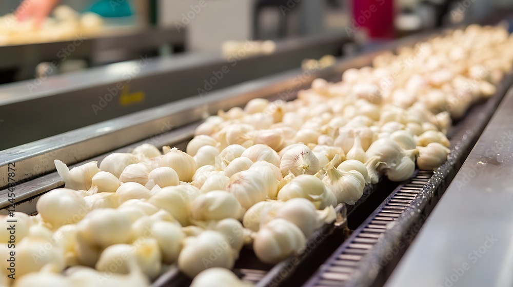 Garlic move along a conveyor belt in a food processing plant Garlic move along a conveyor belt in a food processing plant