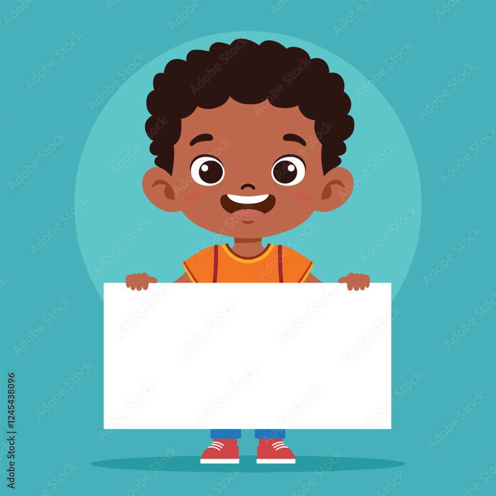 Happy Cute Little Kid Boy Holding Blank Banner - Cartoon Vector Illustration Happy Cute Little Kid Boy Holding Blank Banner - Cartoon Vector Illustration