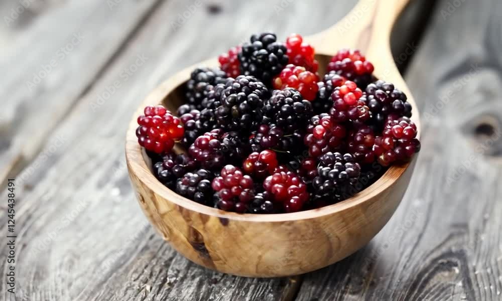 Freshly harvested blackberries in a wooden bowl on a rustic table, with natural lighting Freshly harvested blackberries in a wooden bowl on a rustic table, with natural lighting