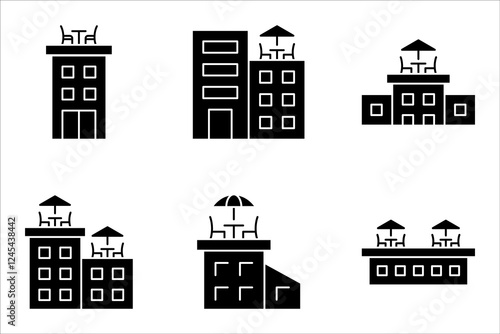 Rooftop deck linear icon set. Panoramic terrace. Luxurious penthouse balcony. vector illustration on white background