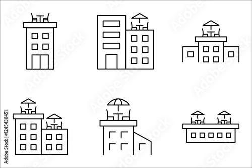 Rooftop deck linear icon set. Panoramic terrace. Luxurious penthouse balcony. vector illustration on white background