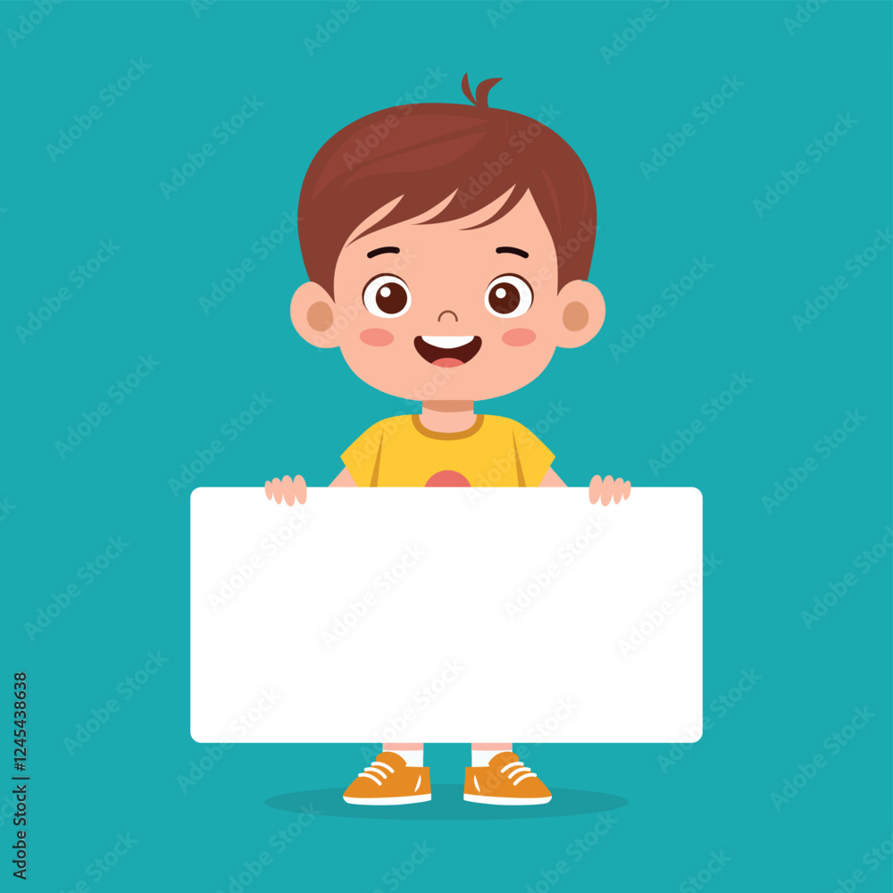 Happy Cute Little Kid Boy Holding Blank Banner - Cartoon Vector Illustration Happy Cute Little Kid Boy Holding Blank Banner - Cartoon Vector Illustration
