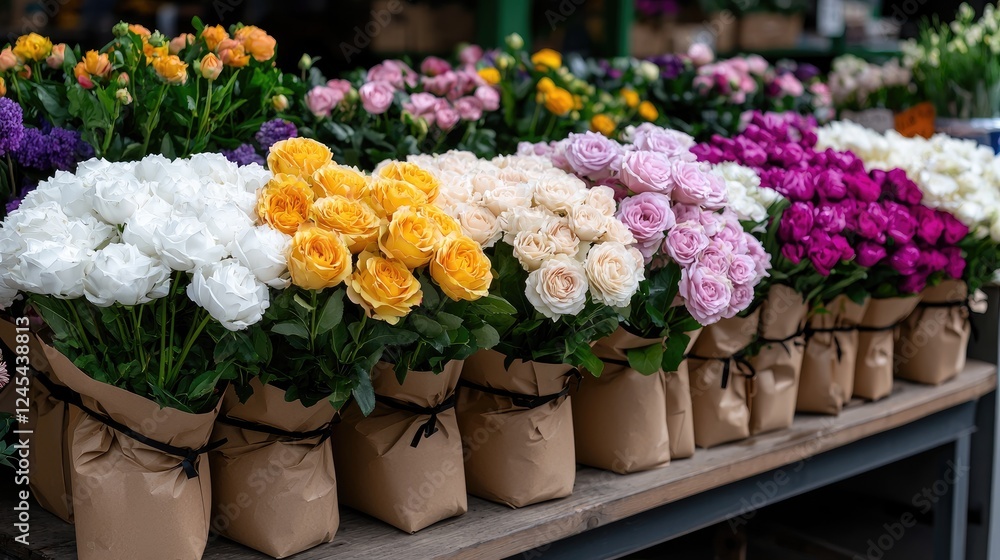 Fototapeta premium Colorful rose bouquets at market stall