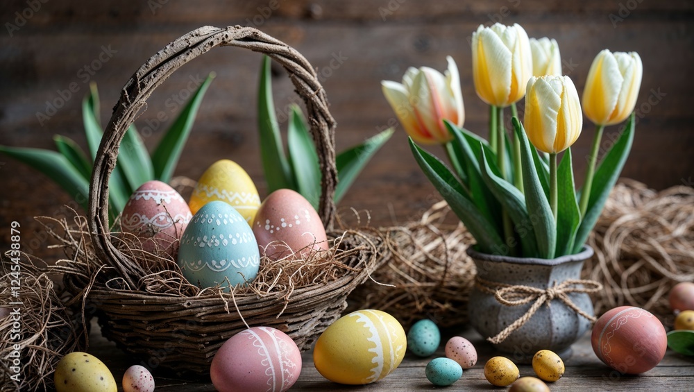 Colorful Easter eggs in a wicker basket with grass, decorated for the holiday season Colorful Easter eggs in a wicker basket with grass, decorated for the holiday season