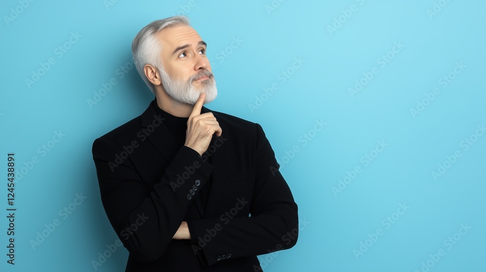 A senior man with a thoughtful expression, touching his chin and looking up against a blue background. Perfect for themes of wisdom, ideas, and decision-making. A senior man with a thoughtful expression, touching his chin and looking up against a blue background. Perfect for themes of wisdom, ideas, and decision-making.