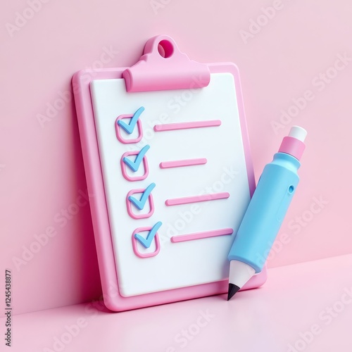 Pink clipboard with checkmarks and blue pen on pink background