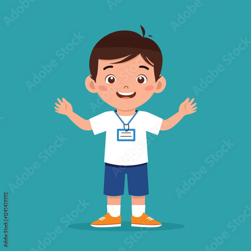 Happy Cute Little Kid Wear a Name Tag - Flat Vector Illustration