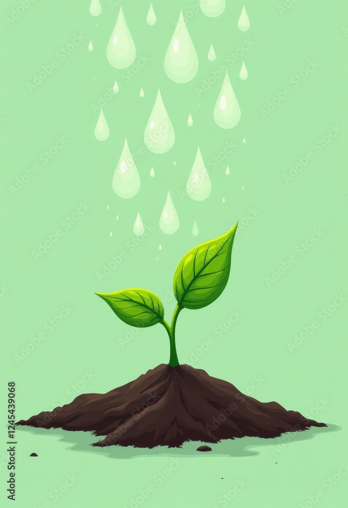 Sapling Under Raindrops on Green Background Sapling Under Raindrops on Green Background