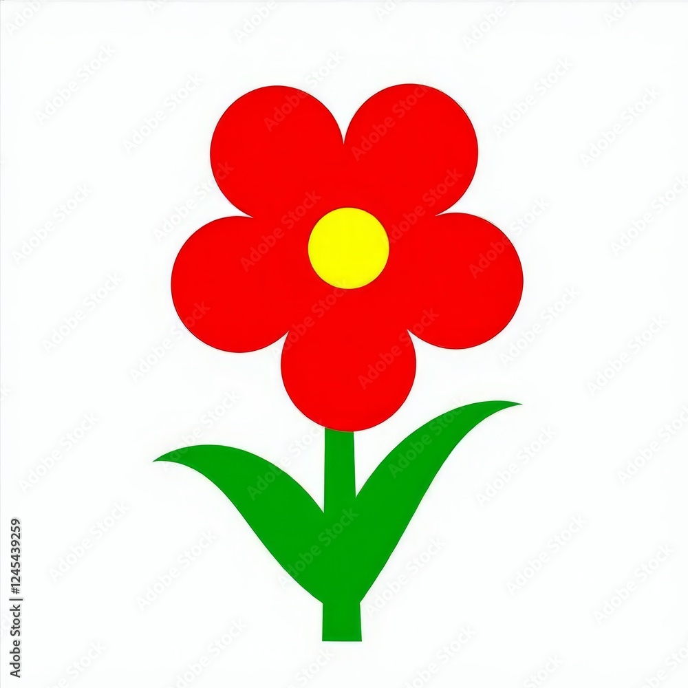Simple Flat Red Flower with Green Stem and Leaves