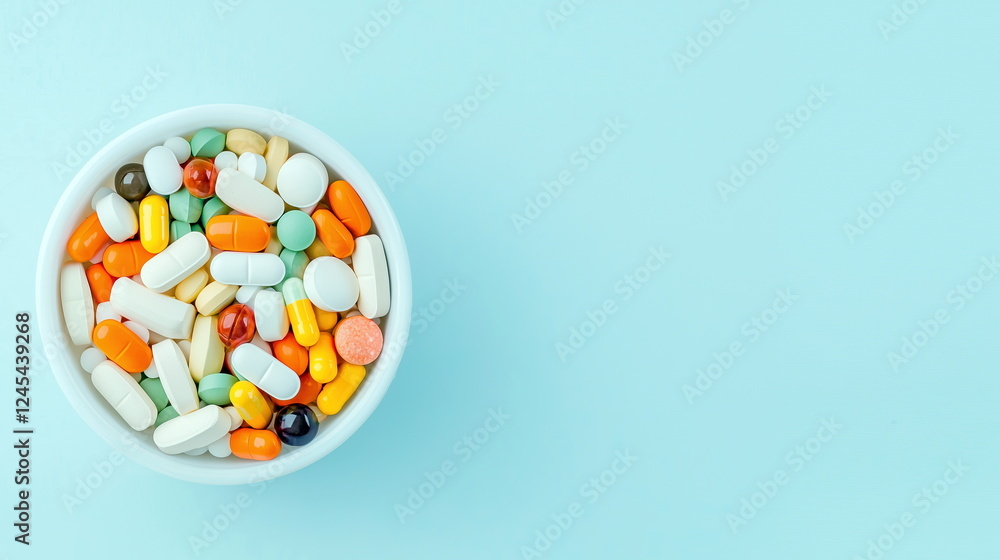 A bowl filled with various colorful pills and capsules on a pastel blue background. Perfect for themes of medicine, healthcare, supplements, and pharmacy. A bowl filled with various colorful pills and capsules on a pastel blue background. Perfect for themes of medicine, healthcare, supplements, and pharmacy.
