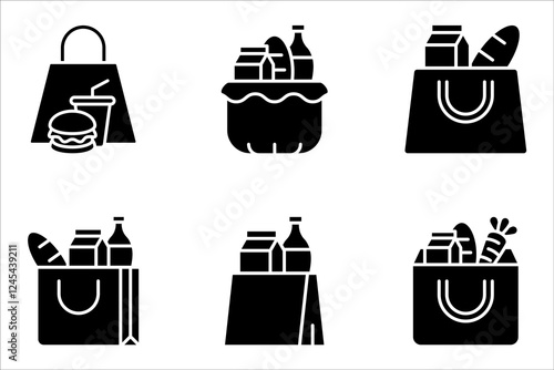 Full basket of food, grocery shopping icon set, special offer, vector illustration on white background