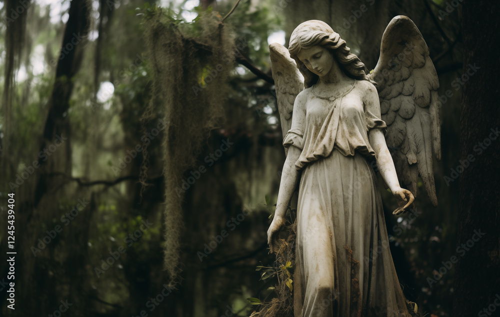Obraz premium In a serene and enchanting forest, there stands a captivating statue depicting a graceful woman adorned with magnificent angel wings, harmoniously blending with the natural surroundings