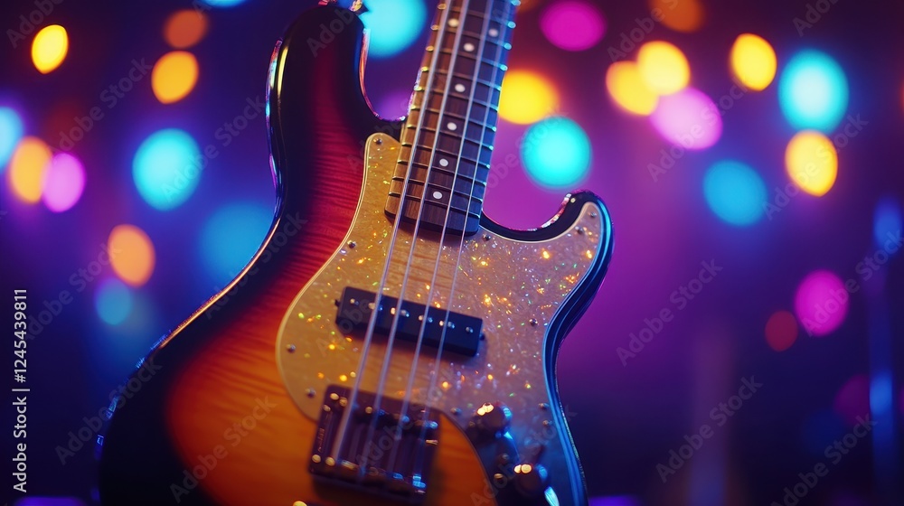 Fototapeta premium Bass Guitar Under Stage Lights: A Vibrant Concert Setup