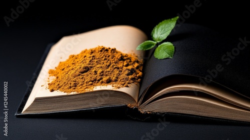 Spice Up Your Recipe: A  spiced  journey awaits, as a book lays open, revealing a generous mound of  turmeric powder on its timeworn pages, ready to inspire culinary adventures.  photo