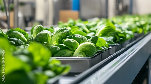 Bok choy or pakcoy move along a conveyor belt in a food processing plant photo