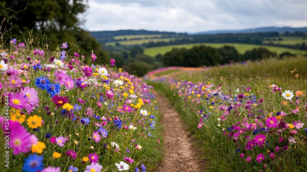 Wildflower path, rolling hills, summer day, scenic landscape, nature photography Wildflower path, rolling hills, summer day, scenic landscape, nature photography