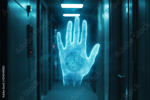 X-ray display of a glowing human hand in a futuristic medical facility photo