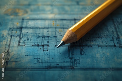 Close-up of a yellow pencil resting on a blue wooden surface photo