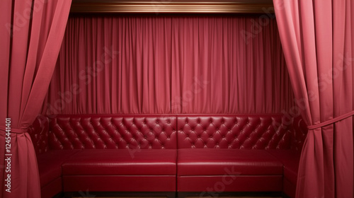 Velvet and Secrets: A peek behind deep crimson curtains reveals a plush, tufted leather booth, invitingly hinting at intimacy and intrigue. photo