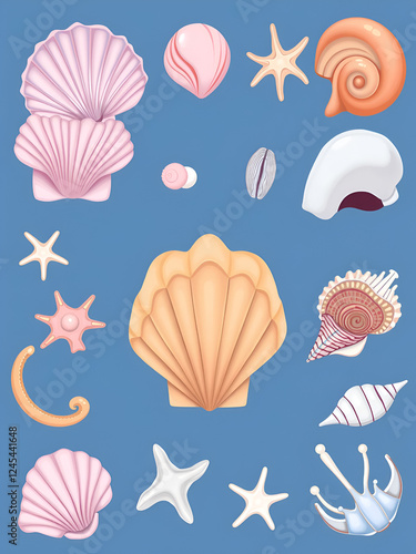 Seashell, sea animals and ocean beach mollusk. Scallop, snail and clam, cockle, turret shell, king crown and chiton. Isolated cartoon objects. Exotic summer, vacation travel themes design photo