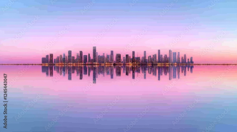 Obraz premium A vibrant city skyline at night with sparkling lights and reflectionsphotorealistic portrait,