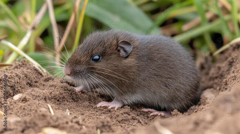 Small brown rodent emerging from burrow in soil.