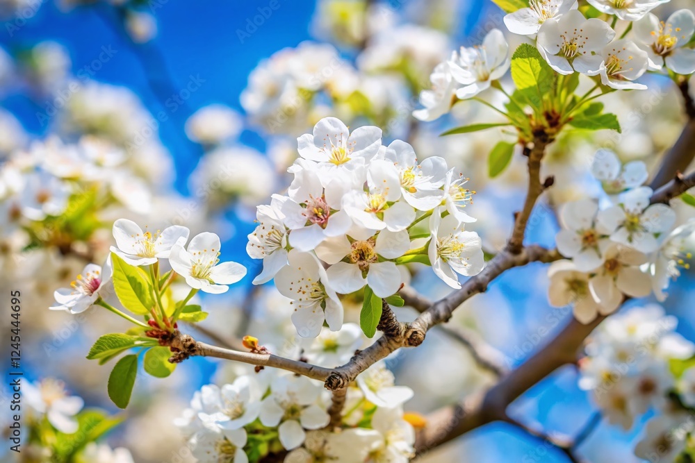 Blooming Pear Tree Branches Close-Up: Tilt-Shift Spring Blossom Banner Blooming Pear Tree Branches Close-Up: Tilt-Shift Spring Blossom Banner