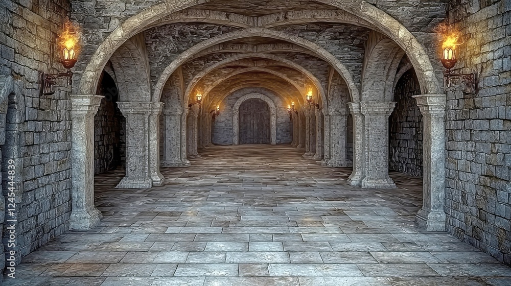 Fototapeta premium Dark Medieval Castle Corridor: An Enthralling Journey Through Gothic Architecture