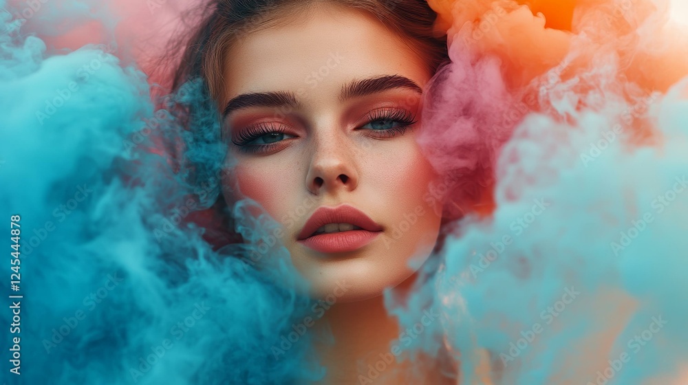 Thoughtful Woman in Colorful Smoke, Artistic Expression Thoughtful Woman in Colorful Smoke, Artistic Expression