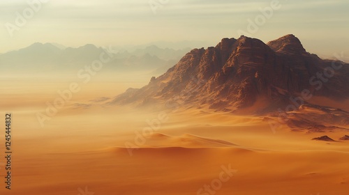 Vast desert landscape majestic mountains sunrise warm light. AI Generated