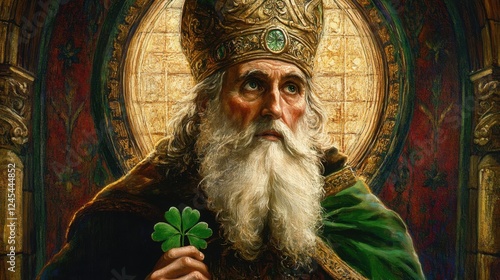 Mature caucasian male dressed as saint patrick holding shamrock with gold circular background