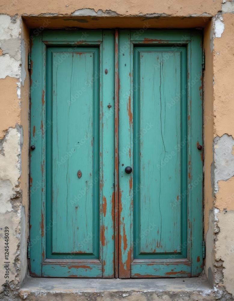 Weathered Green Wooden Doors with Flaking Paint on a Distressed Wall Weathered Green Wooden Doors with Flaking Paint on a Distressed Wall