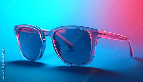 Side View of Sunglasses with Blue-Tinted Lenses on a Reflective Surface