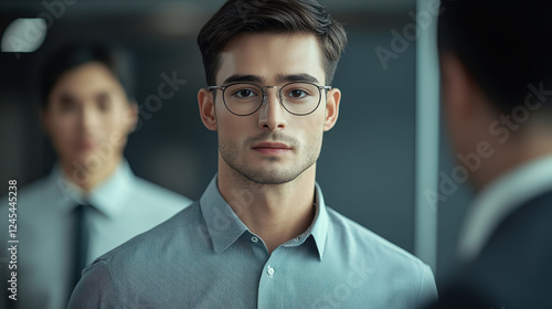 A handsome young man wearing glasses and a gray shirt with a tie is standing in the offic photo